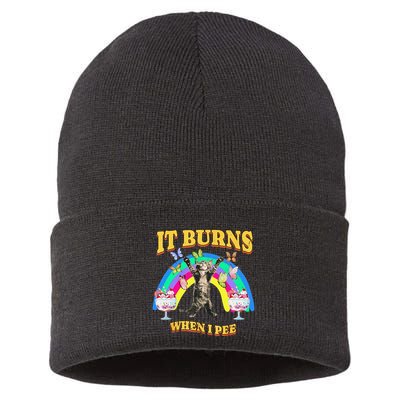 It Burns When I Pee Funny Cat Meme Rainbow Saying Sarcastic Sustainable Knit Beanie
