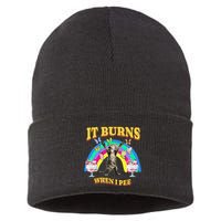 It Burns When I Pee Funny Cat Meme Rainbow Saying Sarcastic Sustainable Knit Beanie