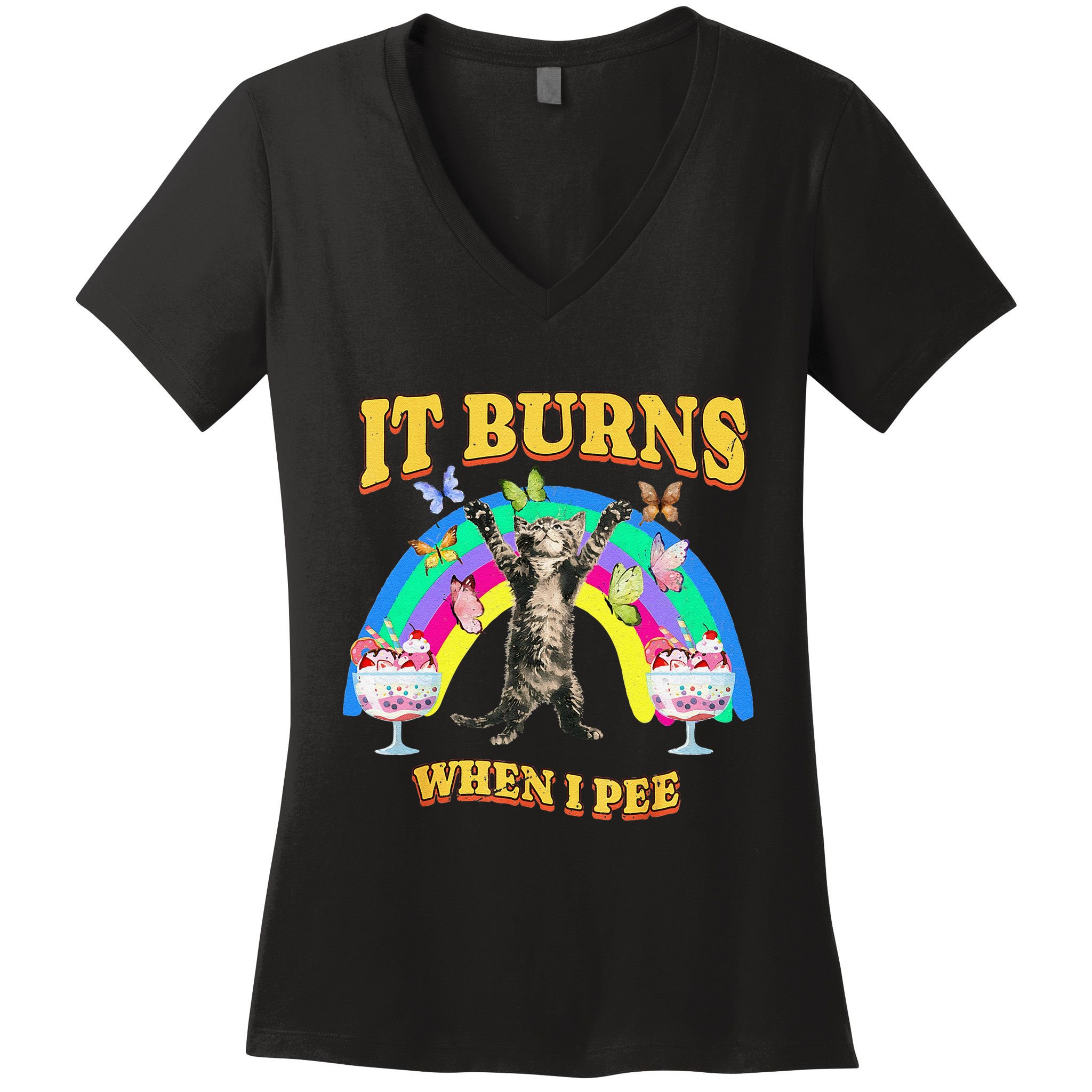 It Burns When I Pee Funny Cat Meme Rainbow Saying Sarcastic Women's V-Neck T-Shirt