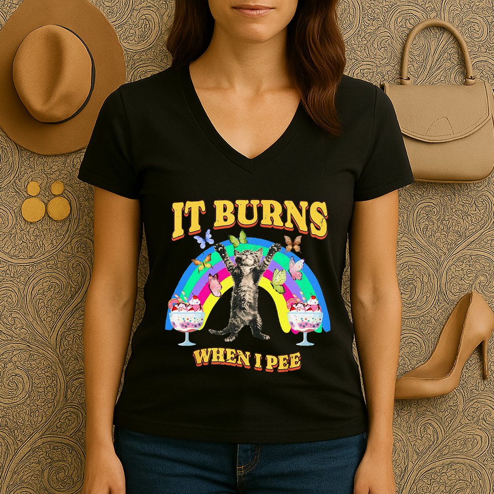 It Burns When I Pee Funny Cat Meme Rainbow Saying Sarcastic Women's V-Neck T-Shirt