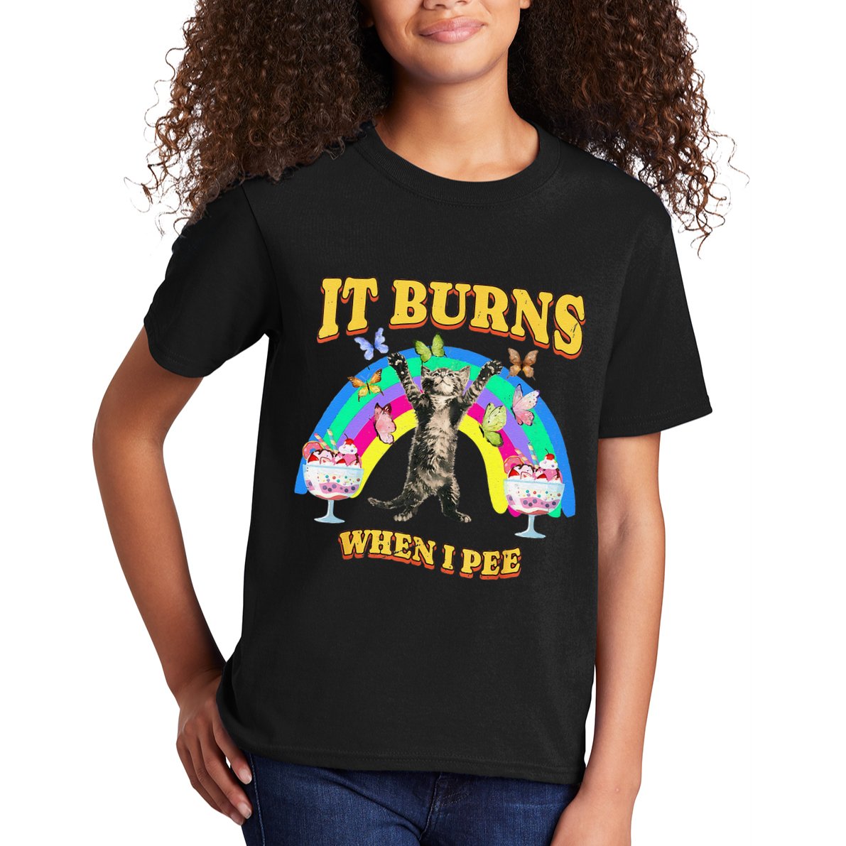 It Burns When I Pee Funny Cat Meme Rainbow Saying Sarcastic Kids T-Shirt