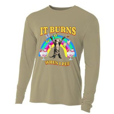 It Burns When I Pee Funny Cat Meme Rainbow Saying Sarcastic Cooling Performance Long Sleeve Crew