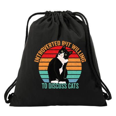 Introverted But Willing To Discuss Cats Lovers Black Cat Drawstring Bag