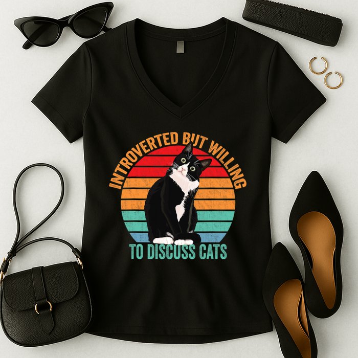 Introverted But Willing To Discuss Cats Introverted Cat Women's V-Neck T-Shirt