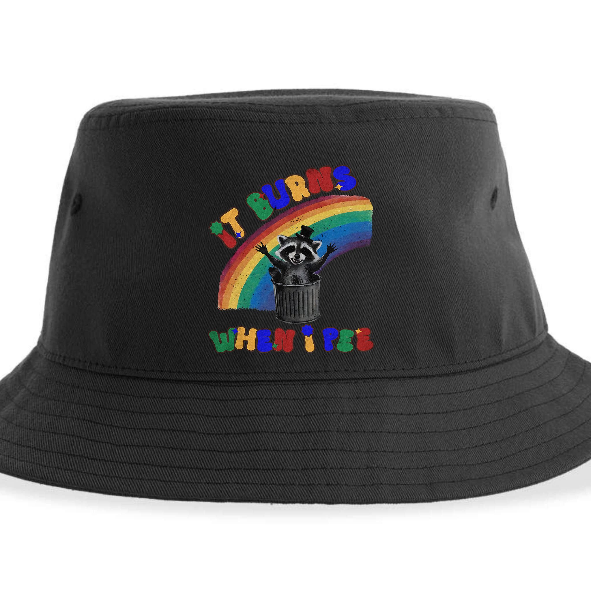 It Burns When I Pee Funny Racoon Meme Rainbow Saying Humor Sustainable Bucket Hat