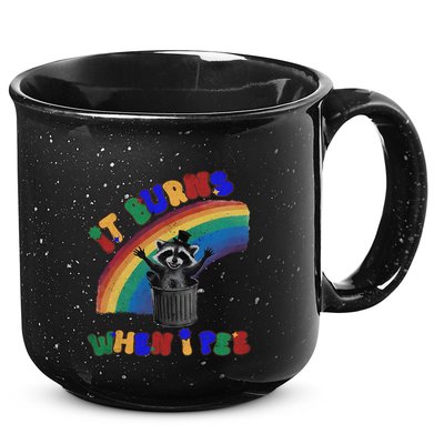It Burns When I Pee Funny Racoon Meme Rainbow Saying Humor 15oz Campfire Ceramic Mug