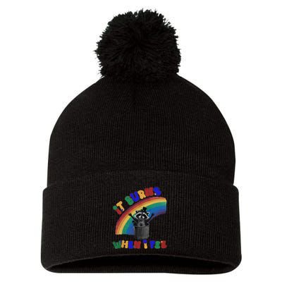 It Burns When I Pee Funny Racoon Meme Rainbow Saying Humor Pom Pom 12in Knit Beanie