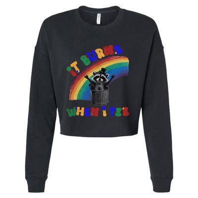 It Burns When I Pee Funny Racoon Meme Rainbow Saying Humor Cropped Pullover Crew