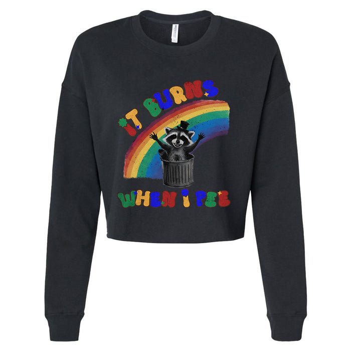 It Burns When I Pee Funny Racoon Meme Rainbow Saying Humor Cropped Pullover Crew