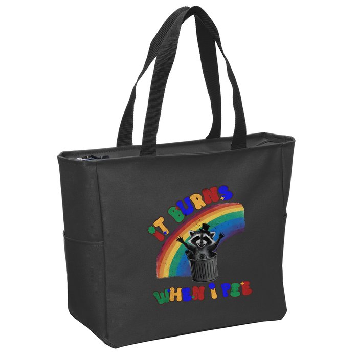 It Burns When I Pee Funny Racoon Meme Rainbow Saying Humor Zip Tote Bag