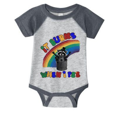 It Burns When I Pee Funny Racoon Meme Rainbow Saying Humor Infant Baby Jersey Bodysuit