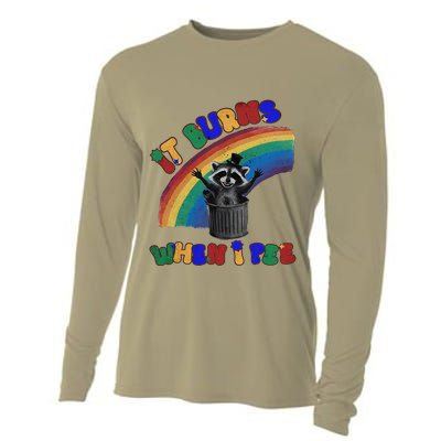 It Burns When I Pee Funny Racoon Meme Rainbow Saying Humor Cooling Performance Long Sleeve Crew