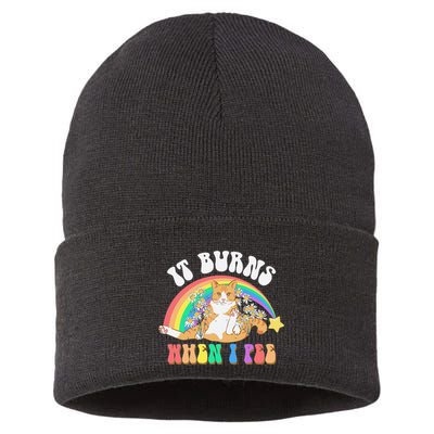 It Burns When I Pee Funny Cat Meme Rainbow Saying Sarcastic Sustainable Knit Beanie