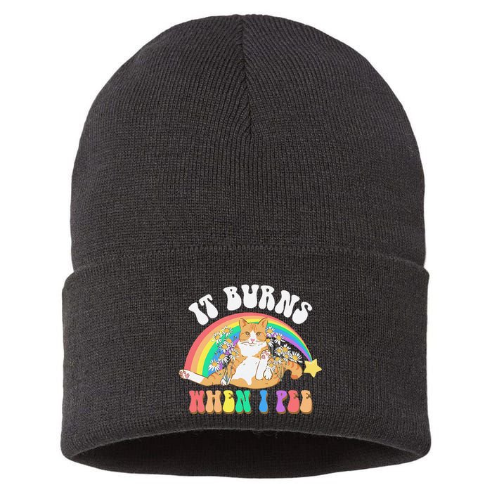 It Burns When I Pee Funny Cat Meme Rainbow Saying Sarcastic Sustainable Knit Beanie