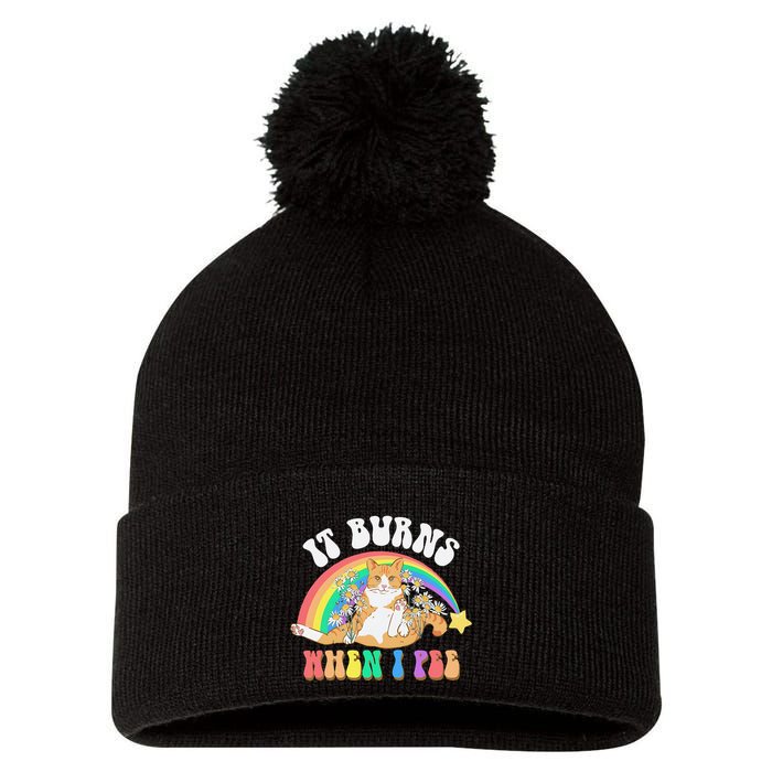 It Burns When I Pee Funny Cat Meme Rainbow Saying Sarcastic Pom Pom 12in Knit Beanie