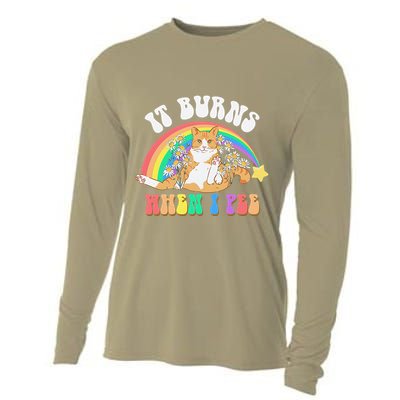 It Burns When I Pee Funny Cat Meme Rainbow Saying Sarcastic Cooling Performance Long Sleeve Crew