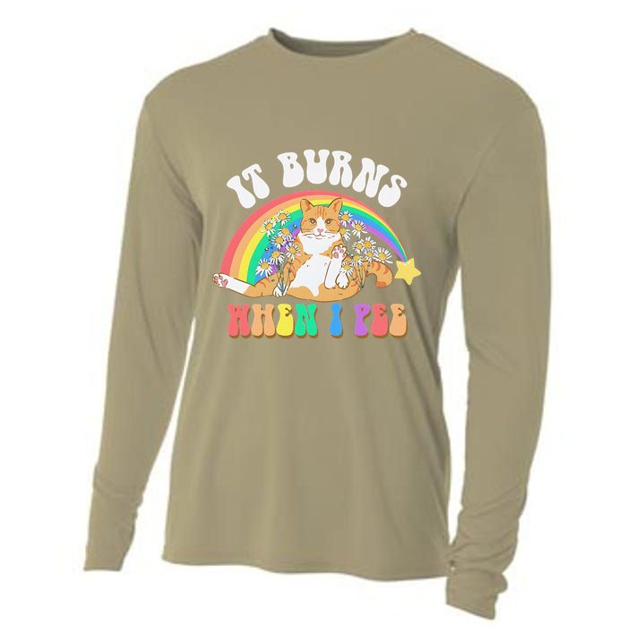 It Burns When I Pee Funny Cat Meme Rainbow Saying Sarcastic Cooling Performance Long Sleeve Crew