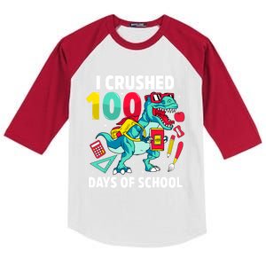 I Crushed 100 Days Of School Cool Dinosaur T Rex Funny Meaningful Gift Kids Colorblock Raglan Jersey