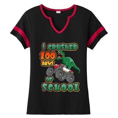 I Crushed 100 Days Of School Dinosaur Driving Monster Truck Funny Gift Ladies Halftime Notch Neck Tee