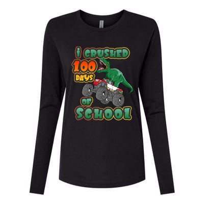 I Crushed 100 Days Of School Dinosaur Driving Monster Truck Funny Gift Womens Cotton Relaxed Long Sleeve T-Shirt