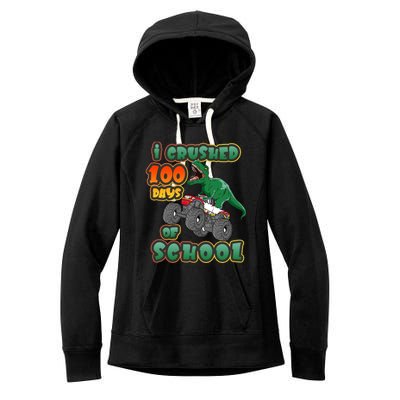 I Crushed 100 Days Of School Dinosaur Driving Monster Truck Funny Gift Women's Fleece Hoodie