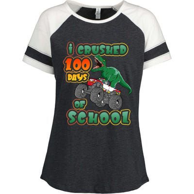 I Crushed 100 Days Of School Dinosaur Driving Monster Truck Funny Gift Enza Ladies Jersey Colorblock Tee