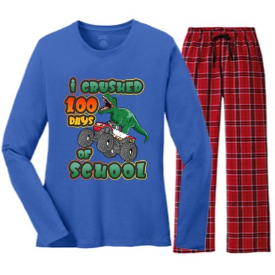 I Crushed 100 Days Of School Dinosaur Driving Monster Truck Funny Gift Women's Long Sleeve Flannel Pajama Set 