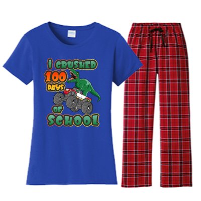 I Crushed 100 Days Of School Dinosaur Driving Monster Truck Funny Gift Women's Flannel Pajama Set