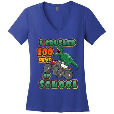 I Crushed 100 Days Of School Dinosaur Driving Monster Truck Funny Gift Women's V-Neck T-Shirt