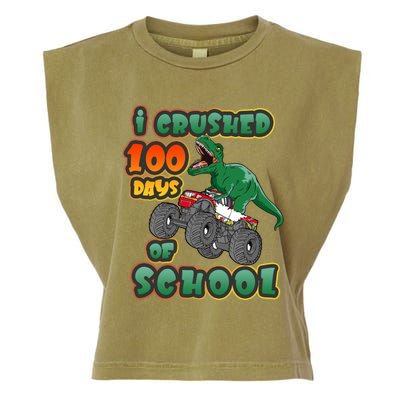 I Crushed 100 Days Of School Dinosaur Driving Monster Truck Funny Gift Garment-Dyed Women's Muscle Tee