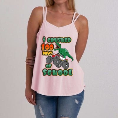 I Crushed 100 Days Of School Dinosaur Driving Monster Truck Funny Gift Women's Strappy Tank