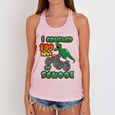 I Crushed 100 Days Of School Dinosaur Driving Monster Truck Funny Gift Women's Knotted Racerback Tank