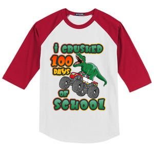 I Crushed 100 Days Of School Dinosaur Driving Monster Truck Funny Gift Kids Colorblock Raglan Jersey