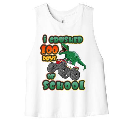 I Crushed 100 Days Of School Dinosaur Driving Monster Truck Funny Gift Women's Racerback Cropped Tank