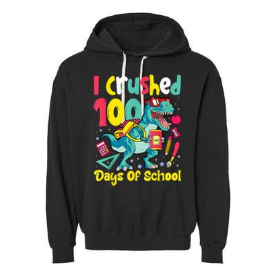 I Crushed 100 Days Of School , Dinosaur Kids Boys Funny Design Garment-Dyed Fleece Hoodie