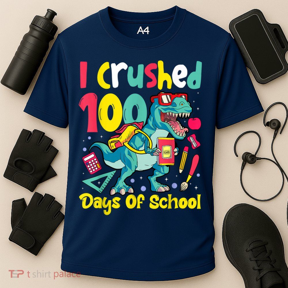 I Crushed 100 Days Of School , Dinosaur Kids Boys Funny Design Performance Shirt