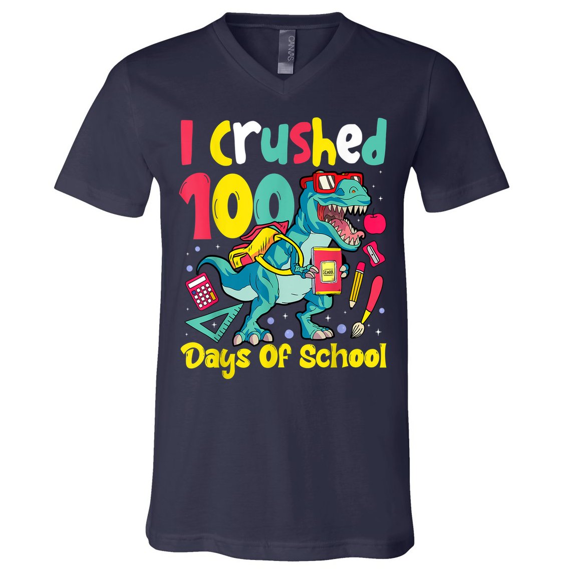 I Crushed 100 Days Of School , Dinosaur Kids Boys Funny Design V-Neck T-Shirt