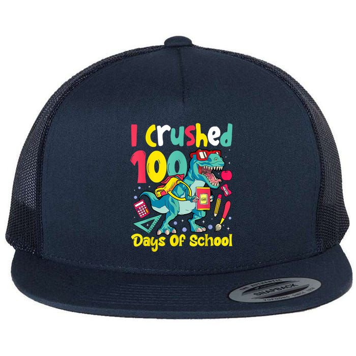 I Crushed 100 Days Of School , Dinosaur Kids Boys Funny Design Flat Bill Trucker Hat