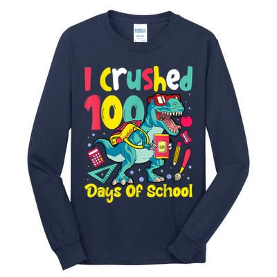I Crushed 100 Days Of School , Dinosaur Kids Boys Funny Design Tall Long Sleeve T-Shirt