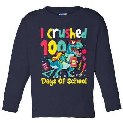 I Crushed 100 Days Of School , Dinosaur Kids Boys Funny Design Toddler Long Sleeve Shirt