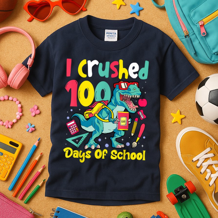 I Crushed 100 Days Of School , Dinosaur Kids Boys Funny Design Kids T-Shirt
