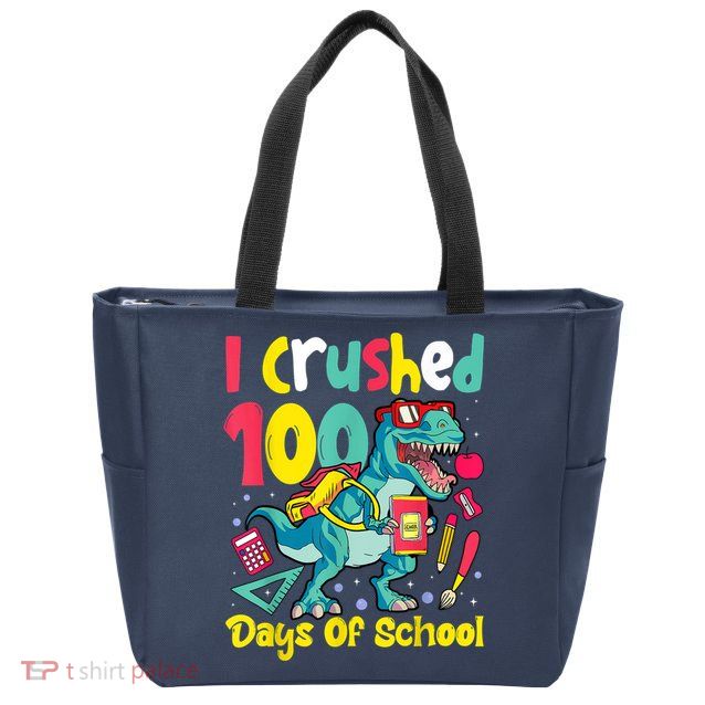 I Crushed 100 Days Of School , Dinosaur Kids Boys Funny Design Zip Tote Bag