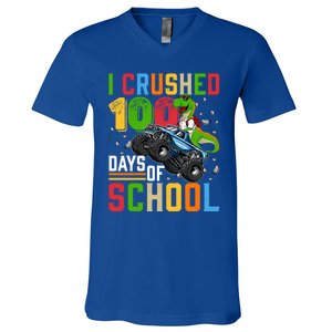 I Crushed 100 Days Of School Dinosaur Monster Truck Gift V-Neck T-Shirt