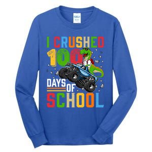 I Crushed 100 Days Of School Dinosaur Monster Truck Gift Tall Long Sleeve T-Shirt