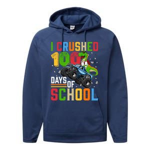 I Crushed 100 Days Of School Dinosaur Monster Truck Gift Performance Fleece Hoodie