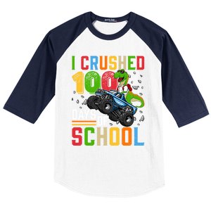 I Crushed 100 Days Of School Dinosaur Monster Truck Gift Baseball Sleeve Shirt