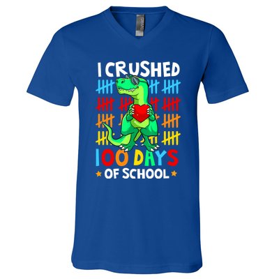 I Crushed 100 Days Of School Dinosaur T Rex Smarter Brighter Gift V-Neck T-Shirt