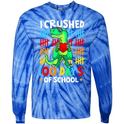 I Crushed 100 Days Of School Dinosaur T Rex Smarter Brighter Gift Tie-Dye Long Sleeve Shirt