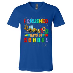 I Crushed 100 Days Of School Excavator Construction Great Gift V-Neck T-Shirt