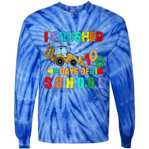 I Crushed 100 Days Of School Excavator Construction Great Gift Tie-Dye Long Sleeve Shirt